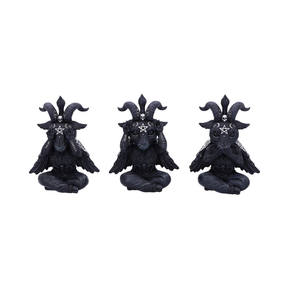 Three black Baphomet figures sit cross-legged like buddhas on a plain white background. One figure is covering its eyes, the second covers its ears, and the third covers its mouth, with the words "SOLVE" and "COAGULA" visible on their wings.