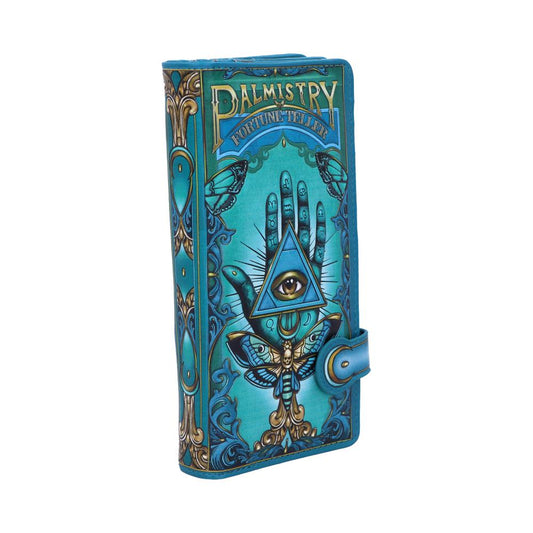 Book-like case displaying intricate design of a hand with an eye in a triangle. Text reads "Palmistry Fortune Teller." Blue and gold details create a mystical appearance.