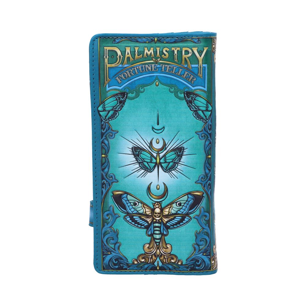 A teal wallet features ornate moth illustrations, crescent moons, and decorative swirls. Text reads: "PALMISTRY FORTUNE TELLER." The design is intricate and mystical against a white background.