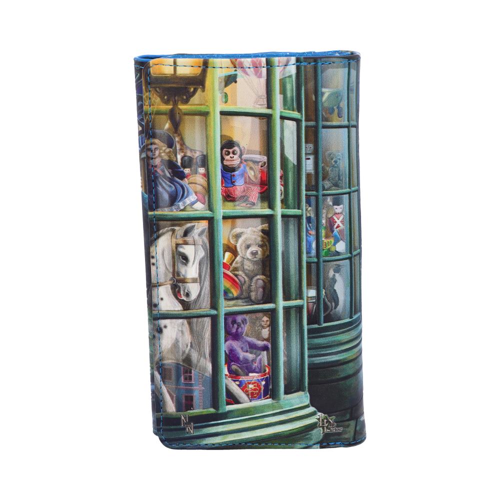 A wallet displays an illustration of a toy shop window. Toys like teddy bears, a toy monkey, and a white horse are shown inside the window.