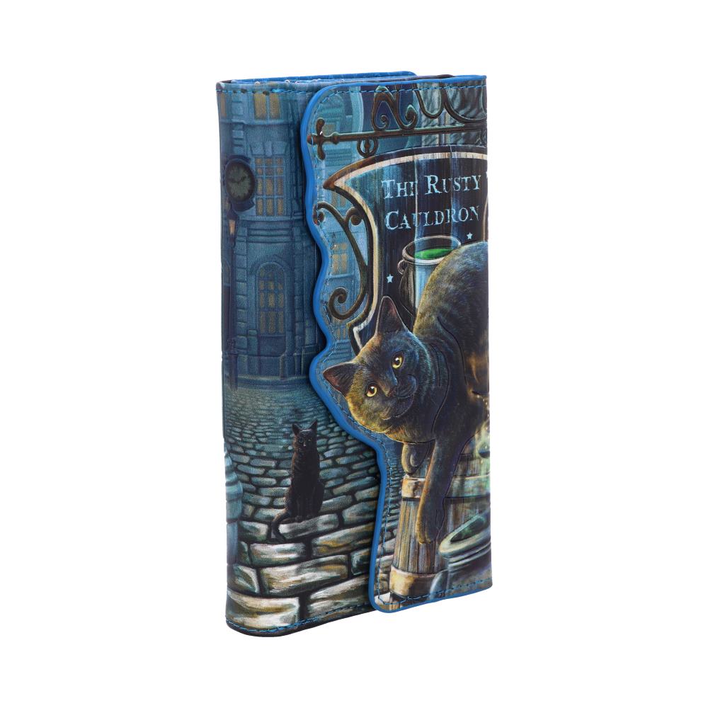 A closed wallet features a black cat seemingly climbing a cauldron, against the backdrop of a cobblestone street with a sign reading "The Rusty Cauldron."