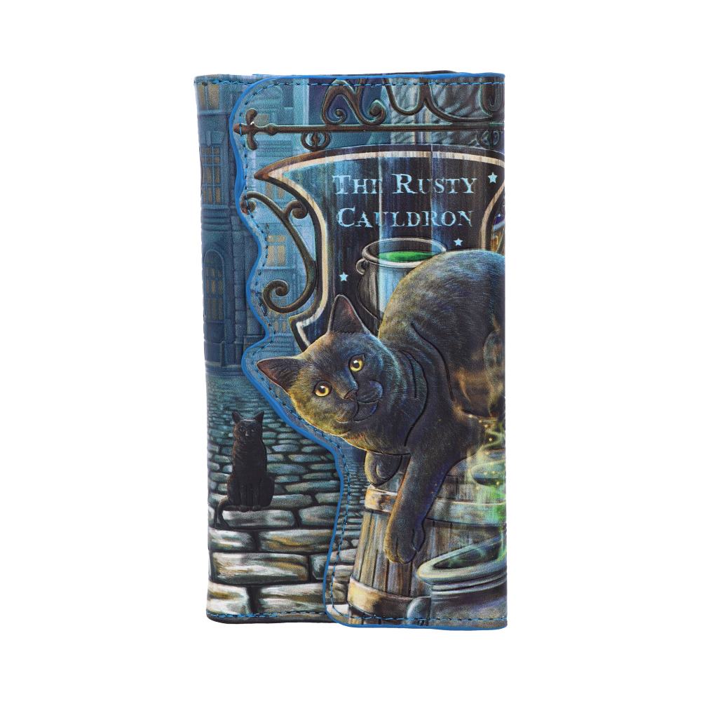 A wallet displays a black cat draped over a wooden barrel near a sign that reads "The Rusty Cauldron." Another black cat sits on cobblestones nearby, with building silhouettes in the background.