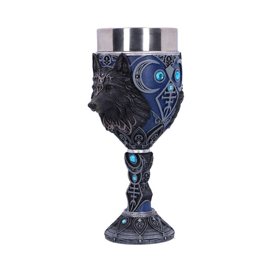 A blue, medieval-style goblet displays a wolf's head on one side and a moon and Celtic knot design on the other, adorned with blue gems, against a stark white backdrop.