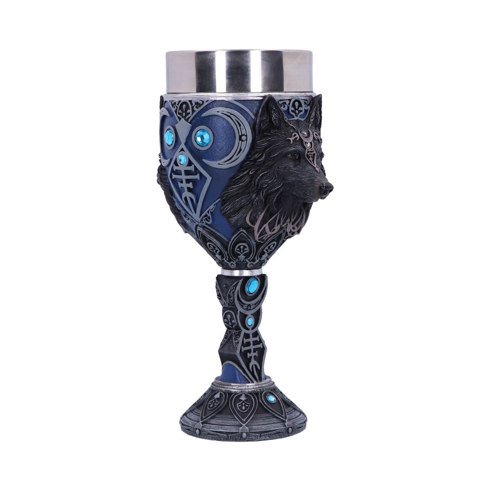An ornate goblet stands, adorned with a wolf's head and mystical symbols, all rendered in blues, greys and highlighted by embedded turquoise gems, set against a plain white background.
