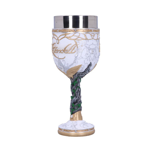 A decorative white and gold goblet with intricate leaf designs features the text "Arendelle." A patterned stem with green accents stands on an ornate base in a plain, white space.