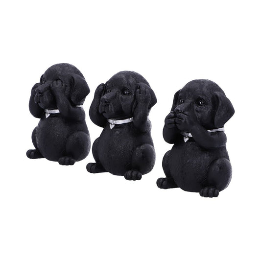 Three black labrador puppy figurines, each wearing a white collar, are arranged in a row: one covers its eyes, one covers its ears, and one covers its mouth, all against a white background.