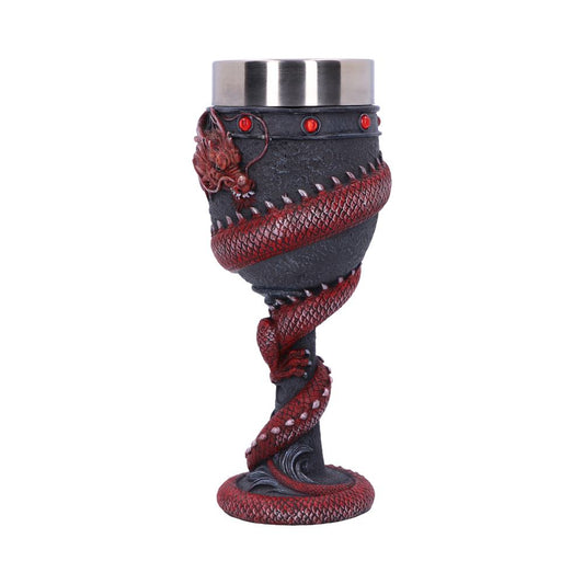A goblet featuring a red dragon coiled around a black, textured body rests against a white background. The cup is lined with metallic steel and embellished with red gems.