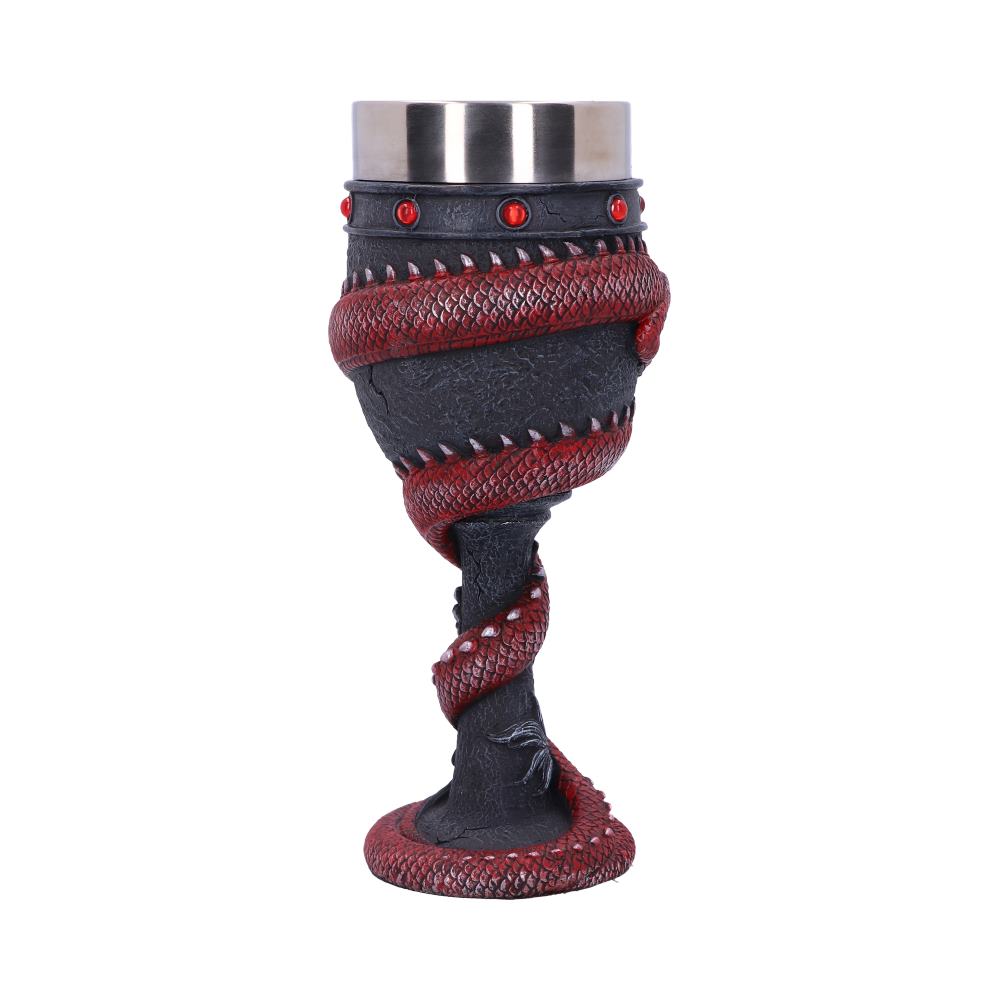 A black goblet with red jewels is entwined by a red snake. The goblet's cup has a metal lip; background is white.