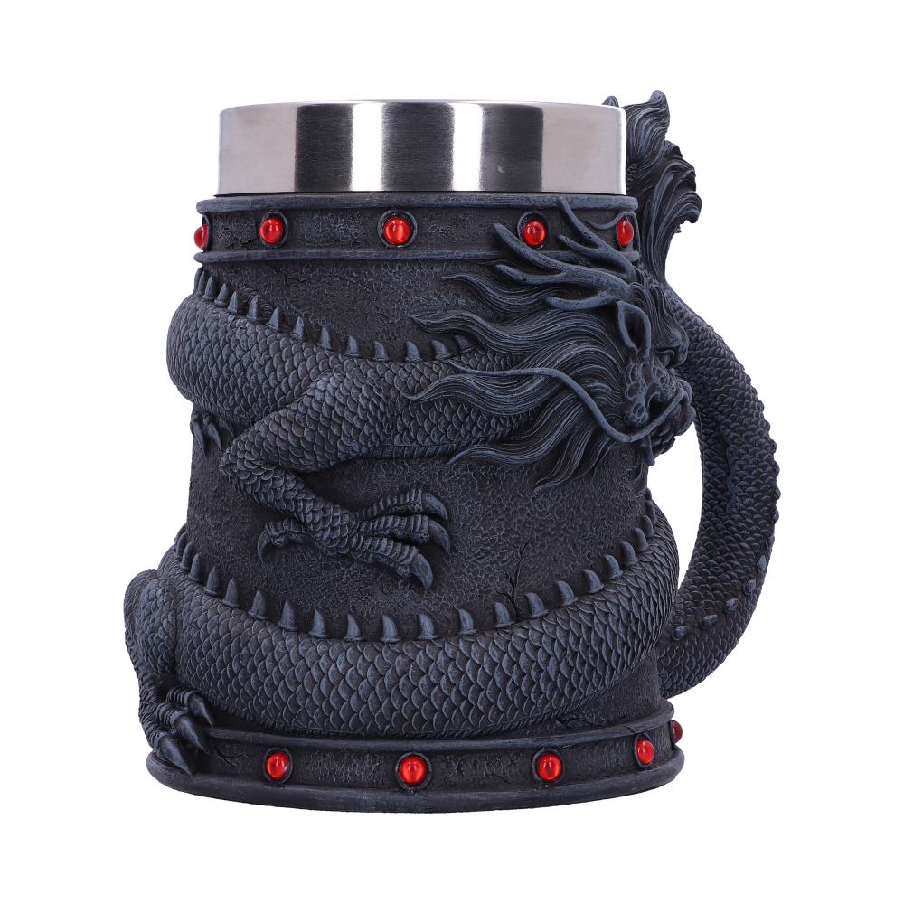 A dragon-themed tankard features an eastern dragon coiled around the dark grey body of the mug, acting as both the decoration and handle. Red gems line the top and bottom edges. A stainless steel cup inserts at the top.