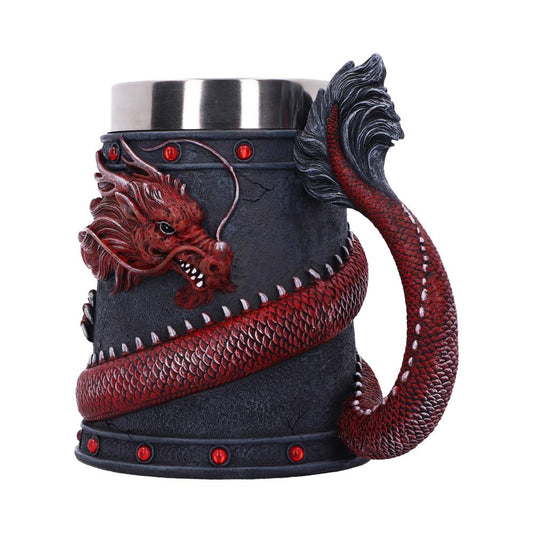 A gray stein has a red dragon coiled around it. The dragon’s head is on the front, and the tail forms the handle. Red stones decorate the top and bottom.