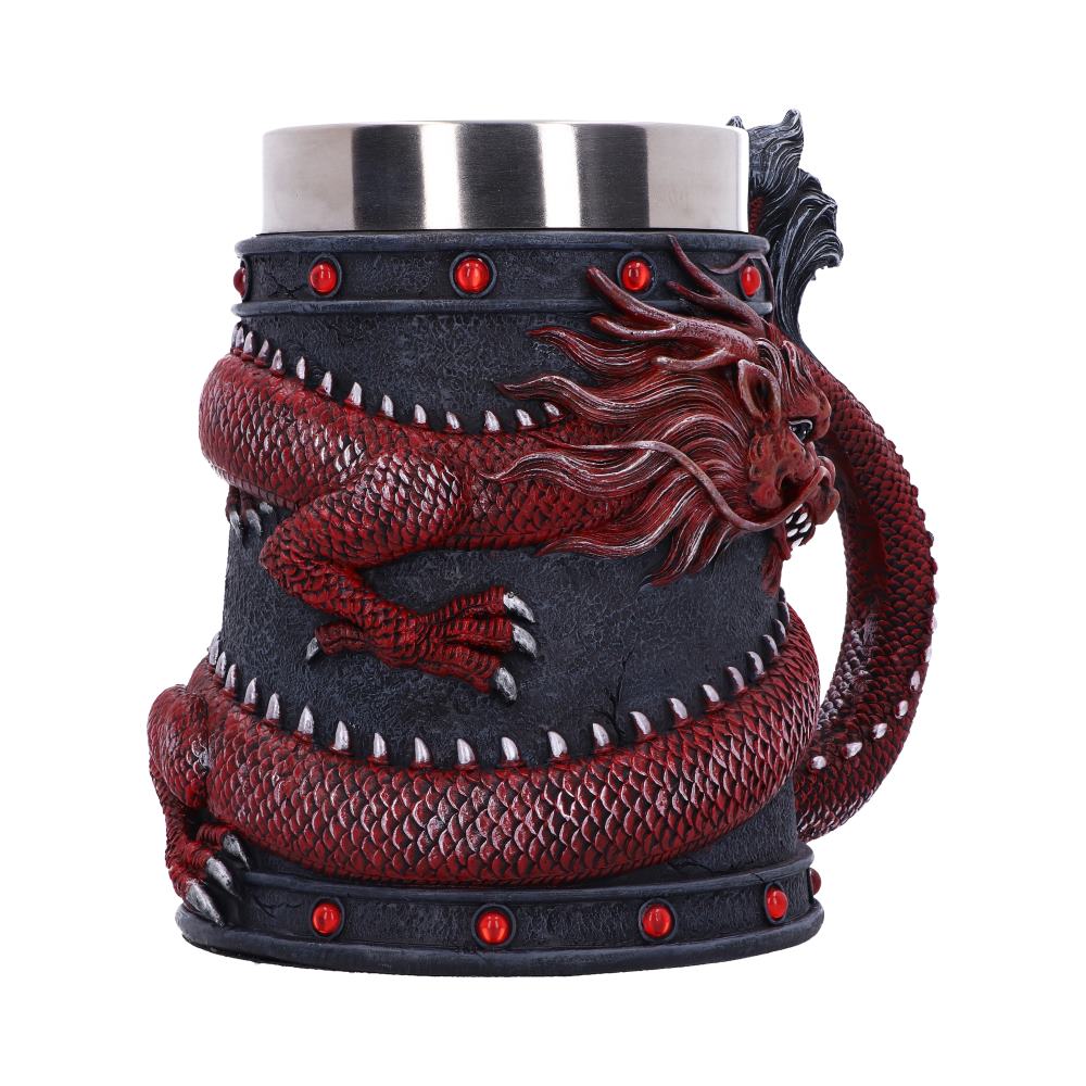 A dark gray mug with a stainless steel interior has a red dragon wrapping around it, forming a handle with its tail. Red gems decorate the top and bottom.
