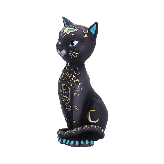 A black cat figurine, adorned with mystical symbols, sits upright. Gold and teal accents highlight the details. Text includes "PALMISTRY," "FATE," "LOGIC," "HEART," and a hand symbol on its body.