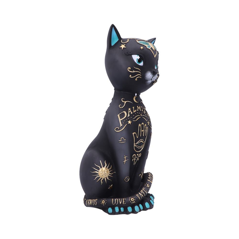 A black ceramic cat figurine sits upright, adorned with gold astrological symbols and the word "PALMISTRY." It features intricate turquoise details on ears and paws, set against a blank white backdrop.