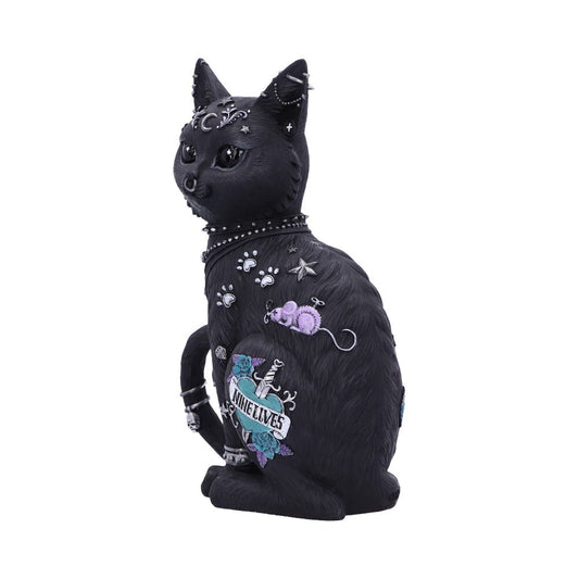 A black cat sculpture adorned with piercings and mystical symbols, sits upright. There's a heart tattoo with a sword that reads "NINE LIVES." It's set against a white background.
