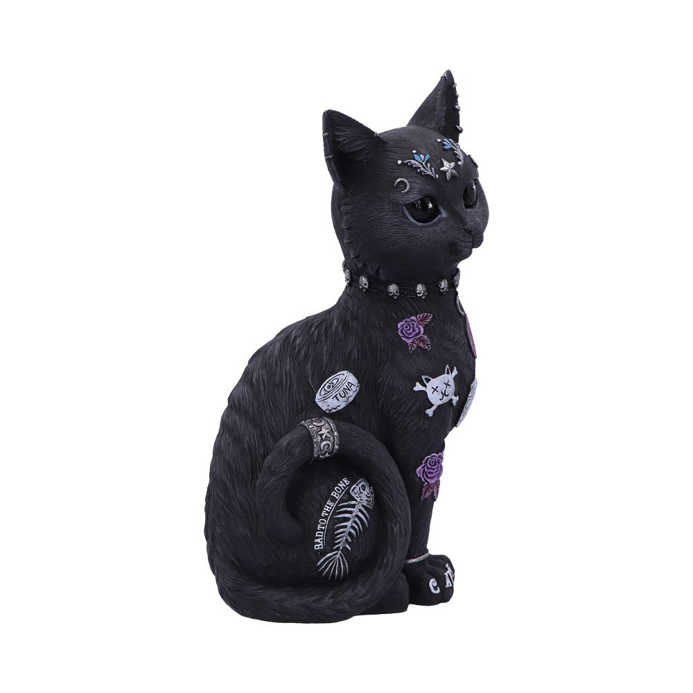 A black cat figurine adorned with various symbols and words, such as "Tuna" and "Bad to the Bone," sits against a plain white background, featuring decorative elements like roses and bones.