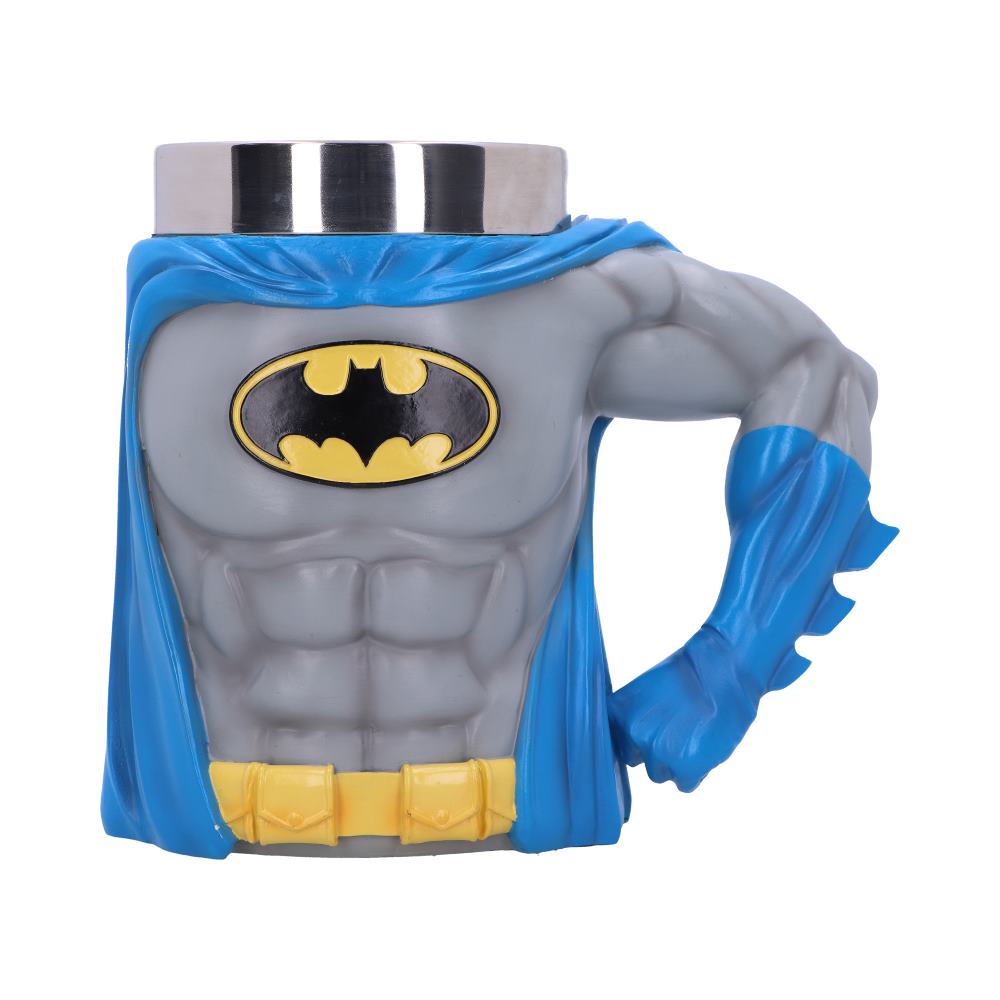 A mug designed like a muscular superhero torso, features a blue cape, yellow utility belt, and a black bat emblem on the chest. The handle resembles an arm.