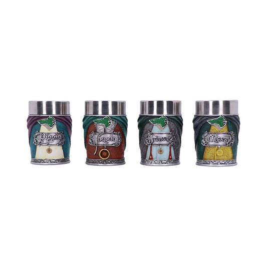 Four ornately decorated canisters, labeled "Pippin," "Frodo," "Samwise," and "Merry," feature intricate designs with a Middle-earth theme. Each has a metal lid and unique color scheme.