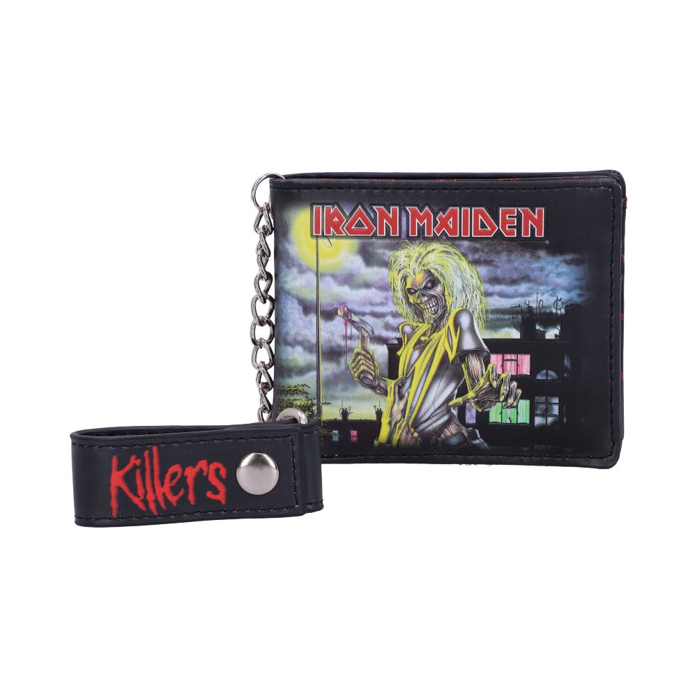 Wallet with "Iron Maiden" text and vivid artwork of a grim figure holding a weapon, set against a dramatic urban nightscape. Attached chain with "Killers" written on a strap.