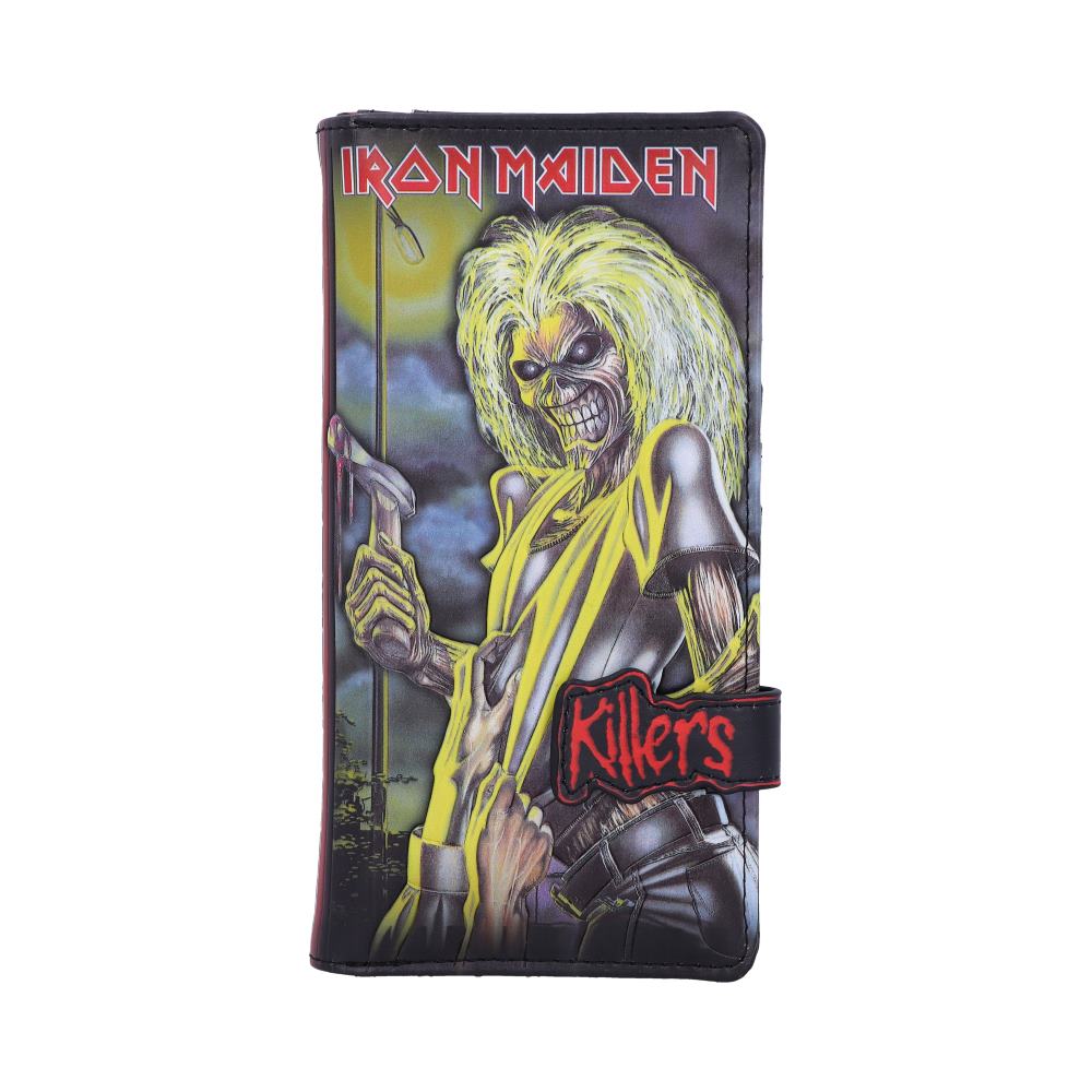 A wallet features an illustration of a skeletal figure with wild hair gripping an axe, set against a dark background. Text reads "IRON MAIDEN" and "Killers" in bold lettering.