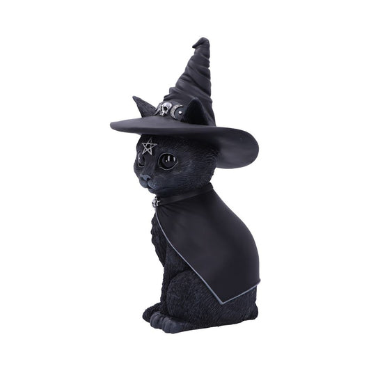 A black cat figurine wears a pointed witch hat adorned with a skull and cape featuring a pentagram, sitting against a plain white background.