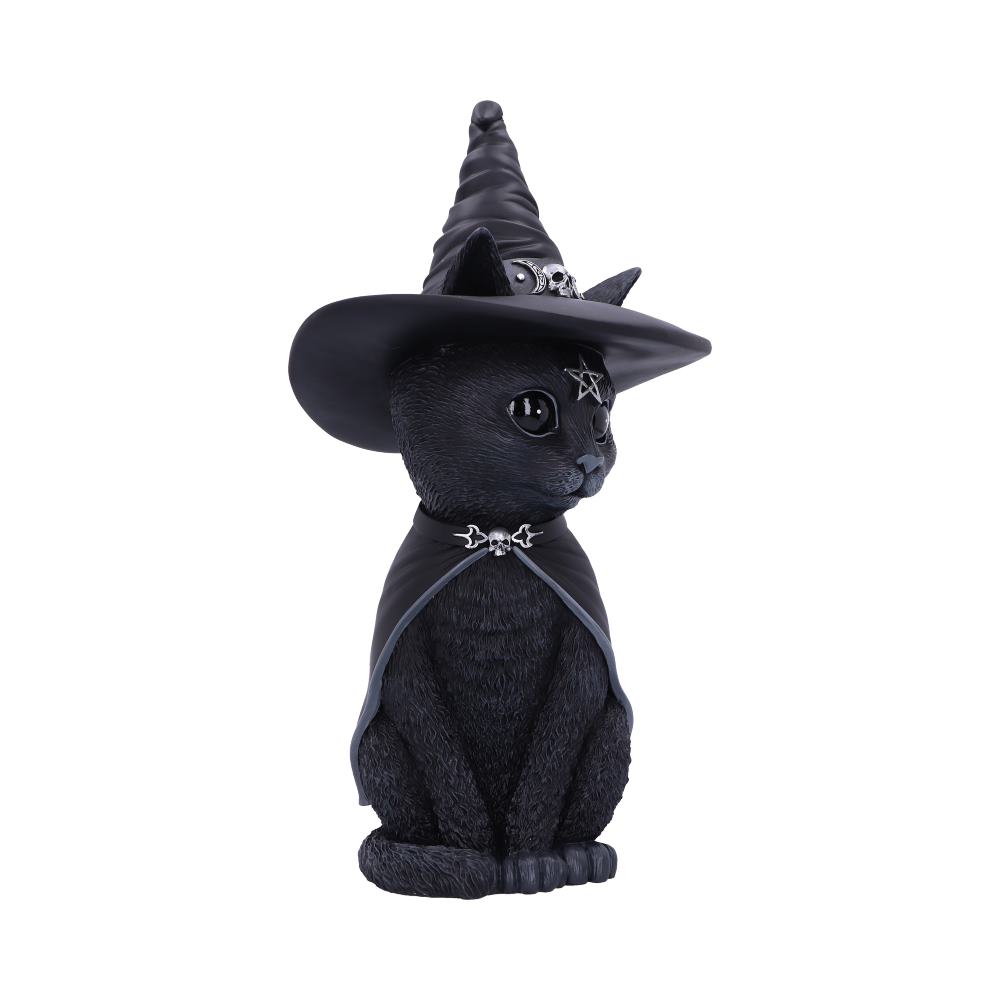 A black cat figurine wearing a witch hat and cape sits upright, adorned with a star emblem on its forehead and skull decorations on the cape, against a plain background.