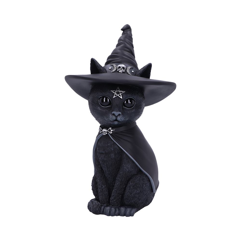 A black cat figurine wears a pointed witch hat and a cloak with a skull and star design, sitting against a plain white background.