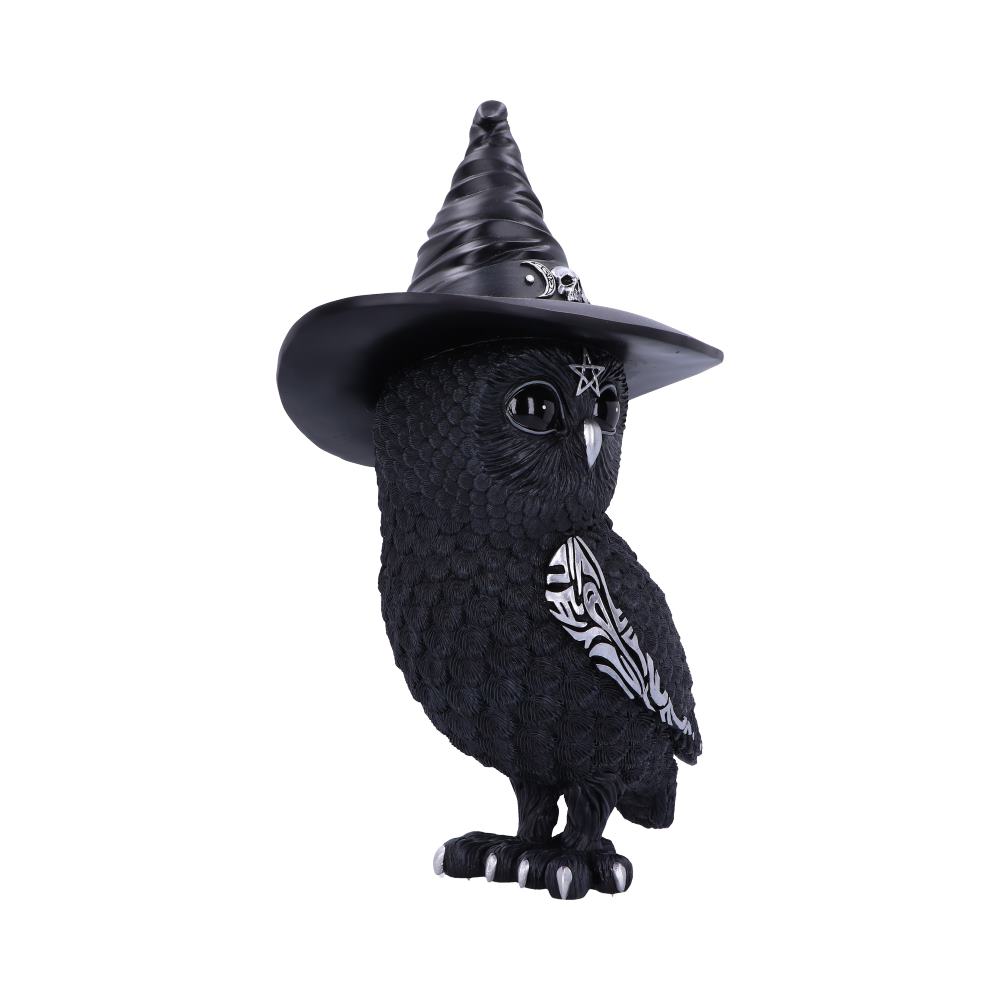 A decorative black owl figurine wears a witch's hat adorned with a skull. It features intricate patterns on its wing, and the background is plain white.