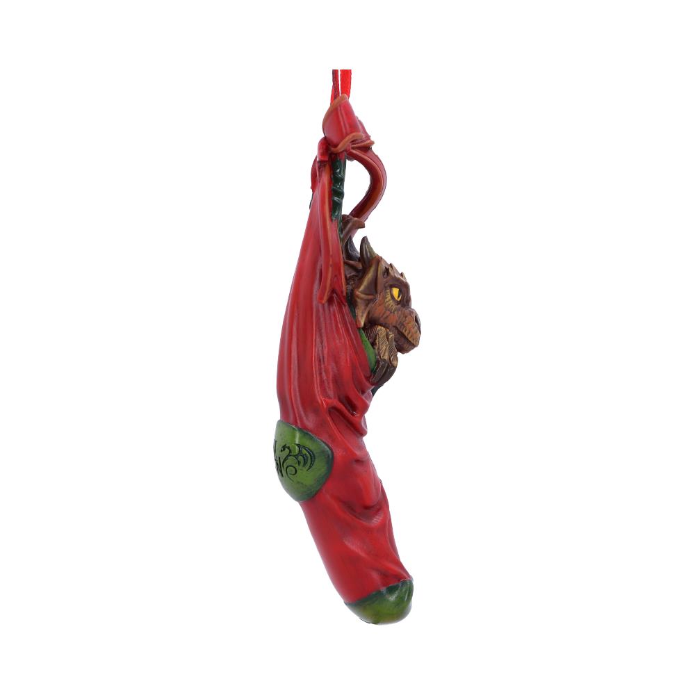 A red Christmas ornament shaped like a chili pepper features a small, detailed dragon peeking out, with green ends and tribal-style markings. The context is an isolated, white background.