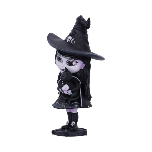 A small figurine of a witch, wearing a pointed hat, holds a black cat in her arms. The witch appears in a stylized, cartoonish form on a plain white background.