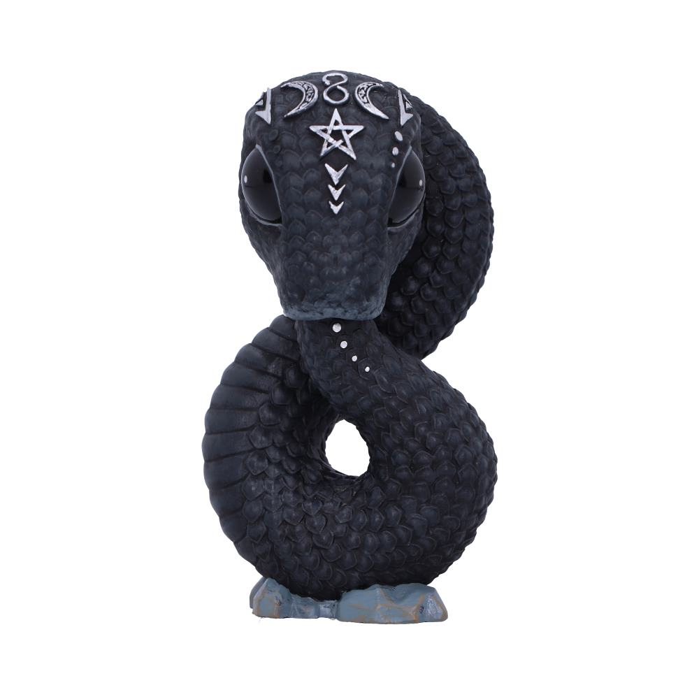 A dark snake, adorned with crescent moons, stars, and arrows, coils upright on a rock-like base. The snake's body forms a partial figure-eight shape with its head raised.