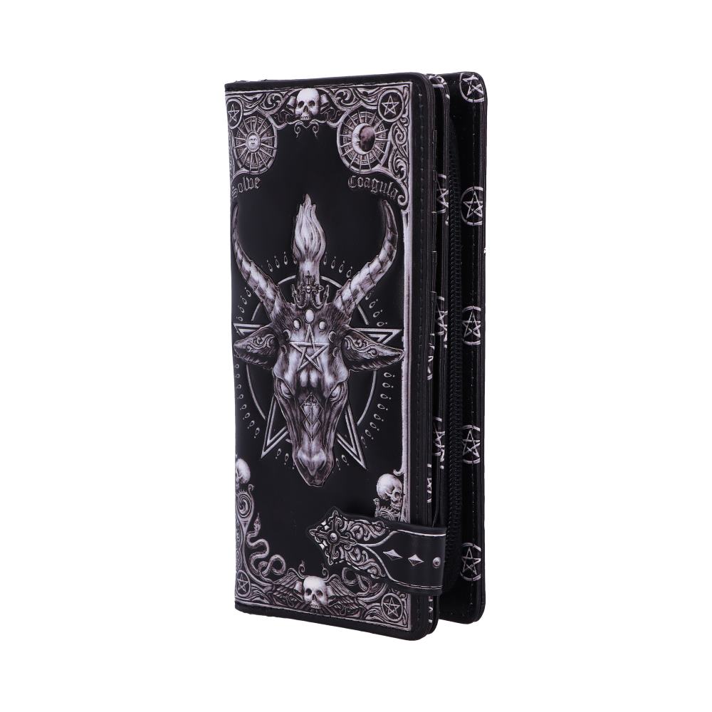 A black wallet, adorned with a goat's head and occult symbols, stands upright against a white background. The words "Solve" and "Coagula" are visible on the wallet's surface.