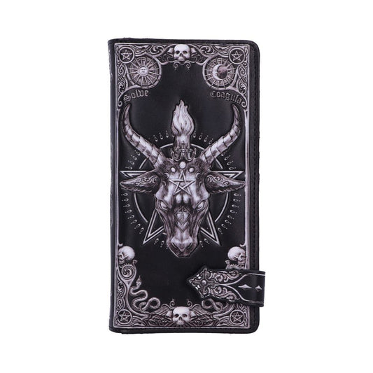 A black leather wallet displays a grayscale image of a goat's head surrounded by occult symbols, including pentagrams and skulls; "Solve" and "Coagula" are inscribed on the top.