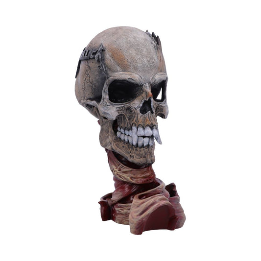 A detailed skull sculpture features intricate carvings and metal embellishments on the forehead. It rests on a twisted, muscular base, with visible text: "TALLICA." The background is plain white.