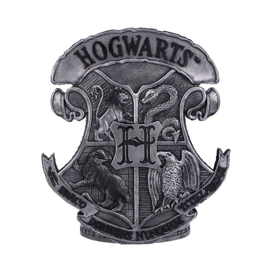 Emblem featuring a shield with a lion, snake, badger, and eagle surrounding a large "H." The text reads "HOGWARTS" and "Draco Dormiens Nunquam Titillandus" on a banner.