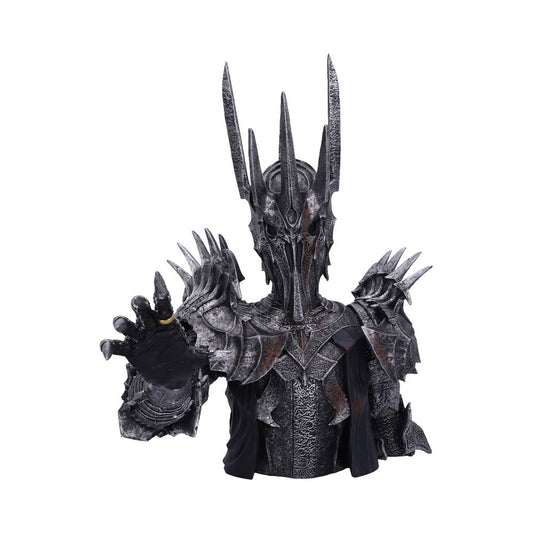 Armored figure extends its clawed hand forward, wearing intricate spiked armor with high, pointed helmet. The context is a plain, white background, highlighting the figure's menacing posture.