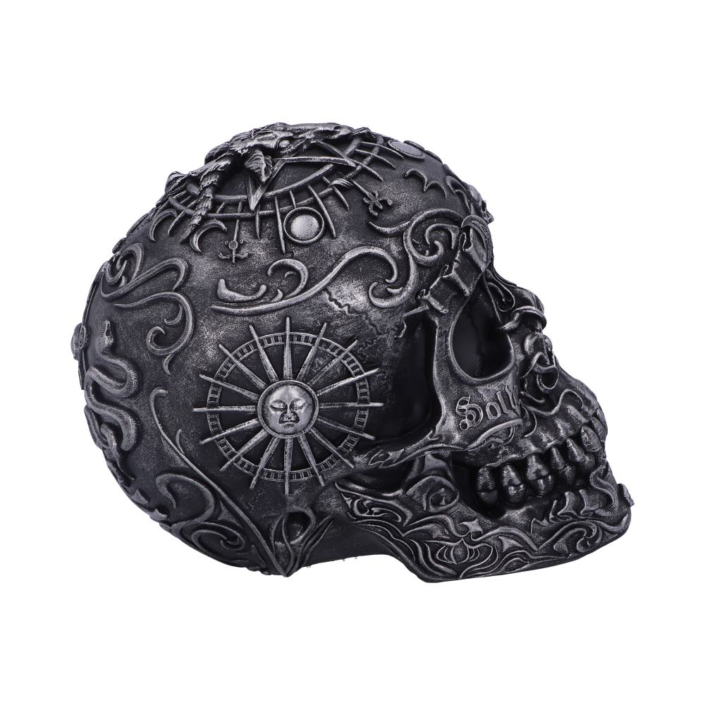 A decorative black skull features intricate carvings, including celestial symbols, swirls, and compass-like designs, with "Solve" inscribed on the jaw. The background is plain white, highlighting details.