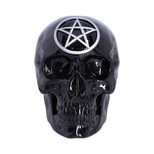 A glossy black skull with a silver pentagram on its forehead, set against a plain white background.