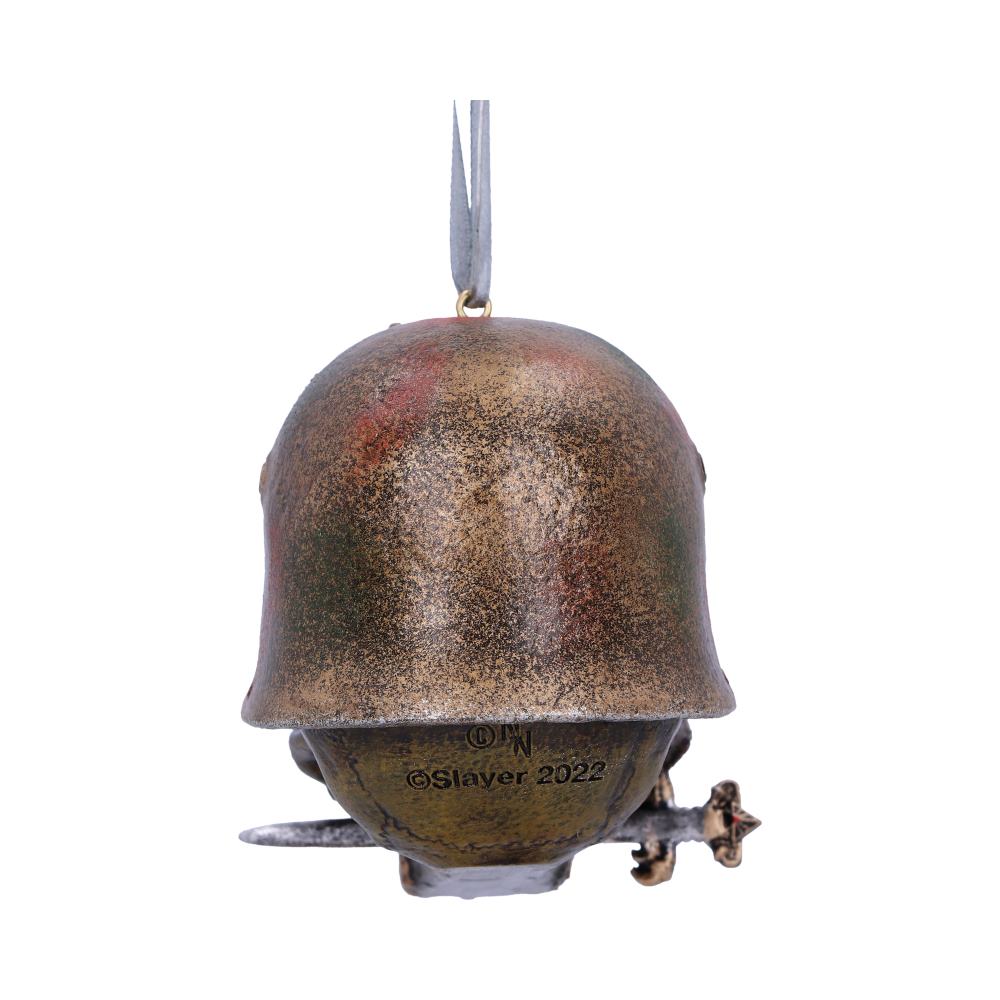 A bronze-colored helmet ornament hangs from a ribbon, depicting a skull with a sword beneath. Text reads "© Slayer 2022" on the helmet's surface. It is isolated on a white background.