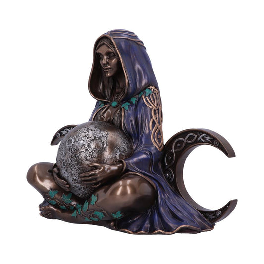 A bronze-colored figure in a hood holds a textured globe, seated against a crescent moon. The robe has leaf details and Celtic knot patterns, creating a mystical impression.