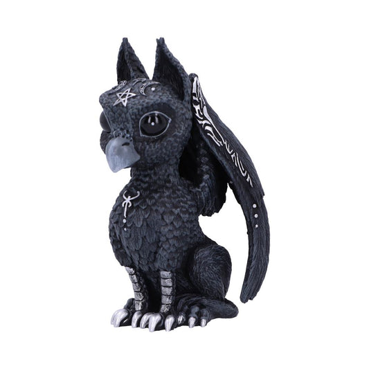 A gothic, winged, and decorated griffin figurine sits against a white background, posed to look off to the side.