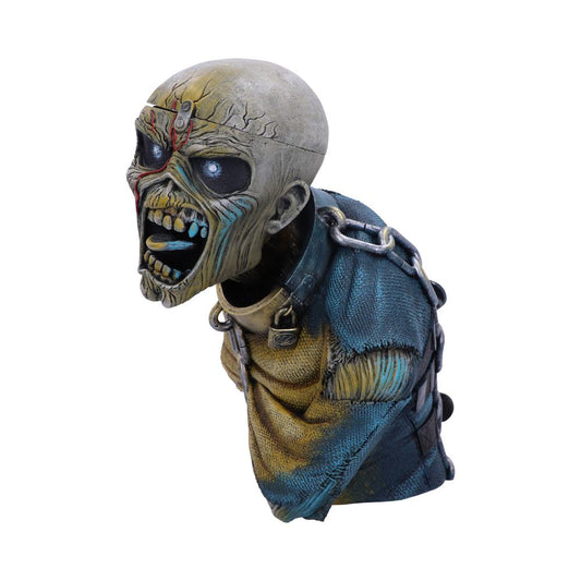 A ghoulish, skeletal figure with glowing blue eyes and an open mouth. It wears a distressed, chained, blue and yellow garment, set against a plain white background.