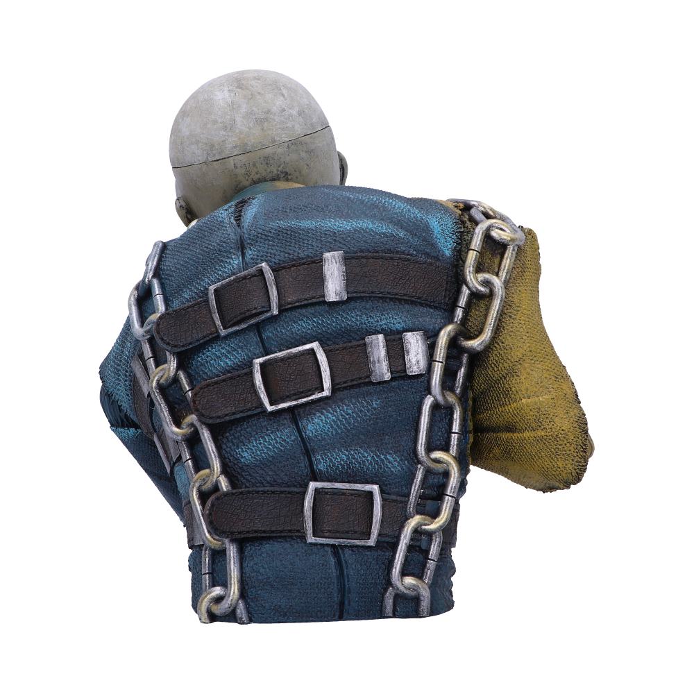 A headless bust with chains and buckles restraining a blue padded jacket, a single yellow sleeve, against a plain white background.