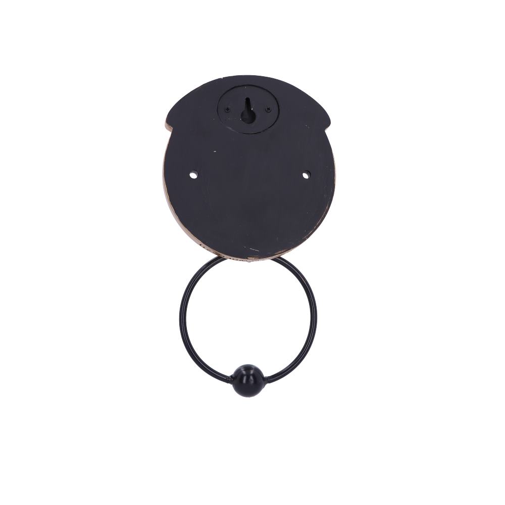 A black metal wall-mounted hook with a circular ring attached, suitable for hanging items, is displayed against a plain white background.