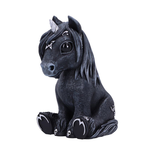A gothic unicorn figurine is seated, its dark coat contrasted with silvery symbols and skull details. It has a pale horn and big eyes, appearing alone on a white background.