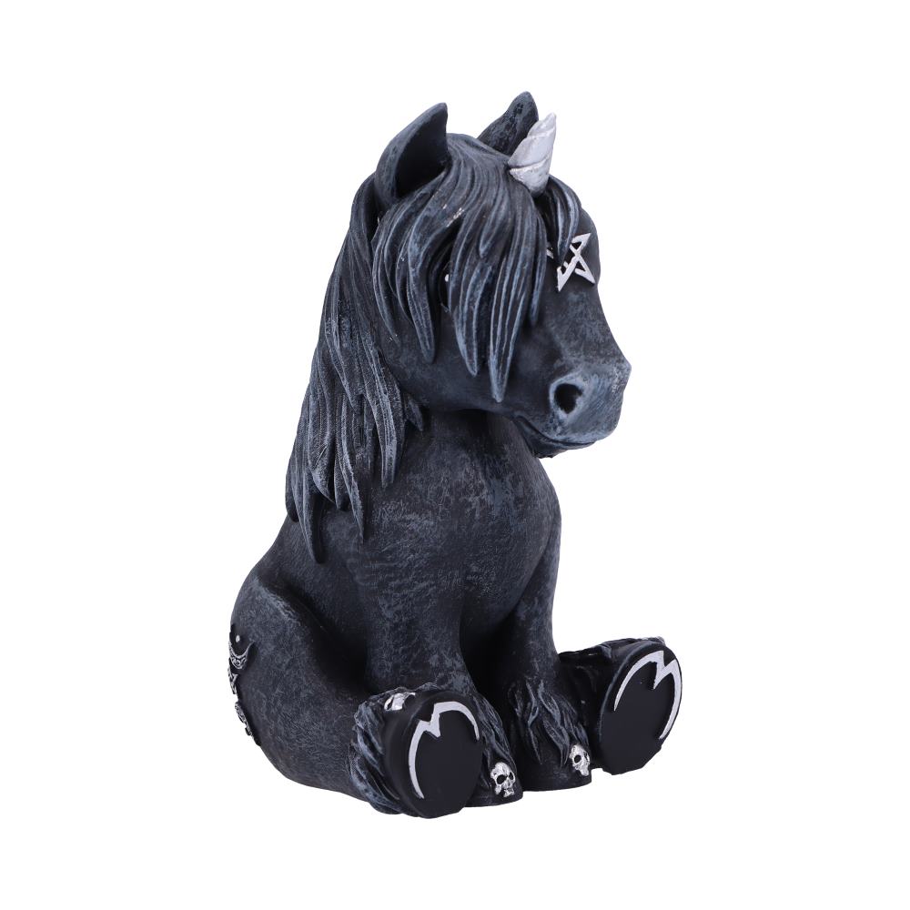 A matte, charcoal-colored unicorn sits upright on a white background. The unicorn has a pentagram on its forehead, and skull designs on its feet.