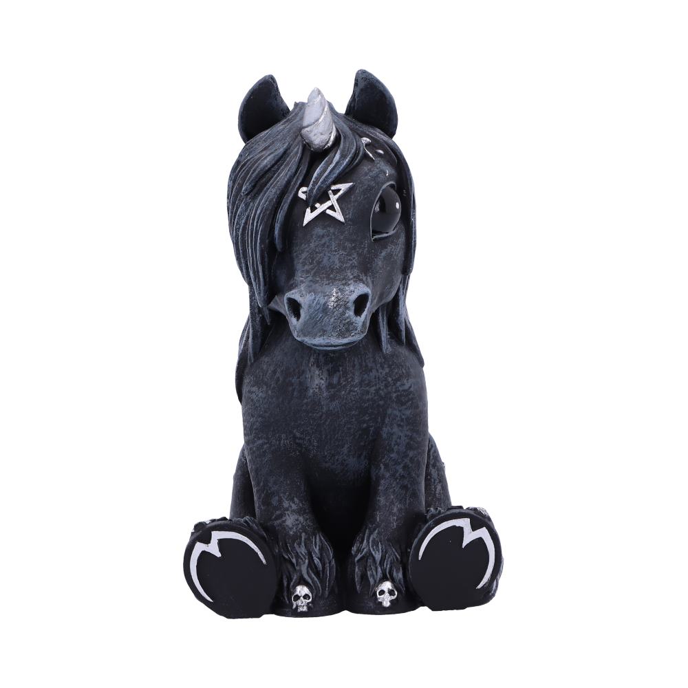 A dark, stone-like unicorn figurine sits upright, paws forward, against a white background. Details include a silver horn, a pentagram on its forehead, and skulls above the hooves.