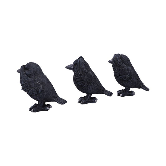 Three solid black crow figurines stand side-by-side on a white surface. Each is different in style, but all face to the right.