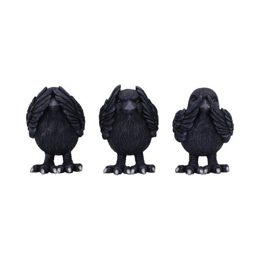 Three Wise Ravens Figurines – hand-painted resin raven trio in see no evil, hear no evil, speak no evil poses