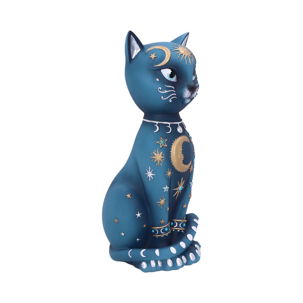 A blue cat figurine sits elegantly adorned with celestial designs, including stars, moons, and suns, against a plain white background.