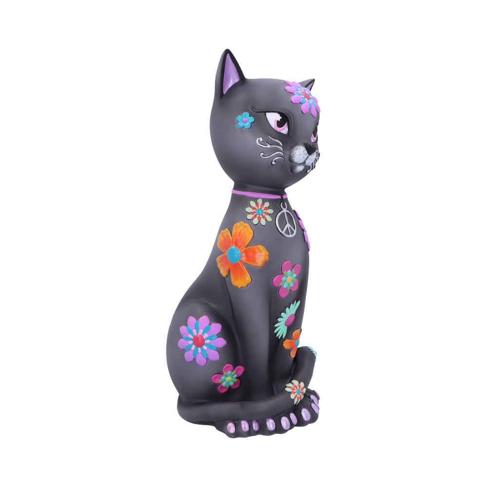 A black cat figurine sits adorned with colorful flowers and a peace symbol, featuring vibrant pink, blue, and orange hues, set against a plain white background.